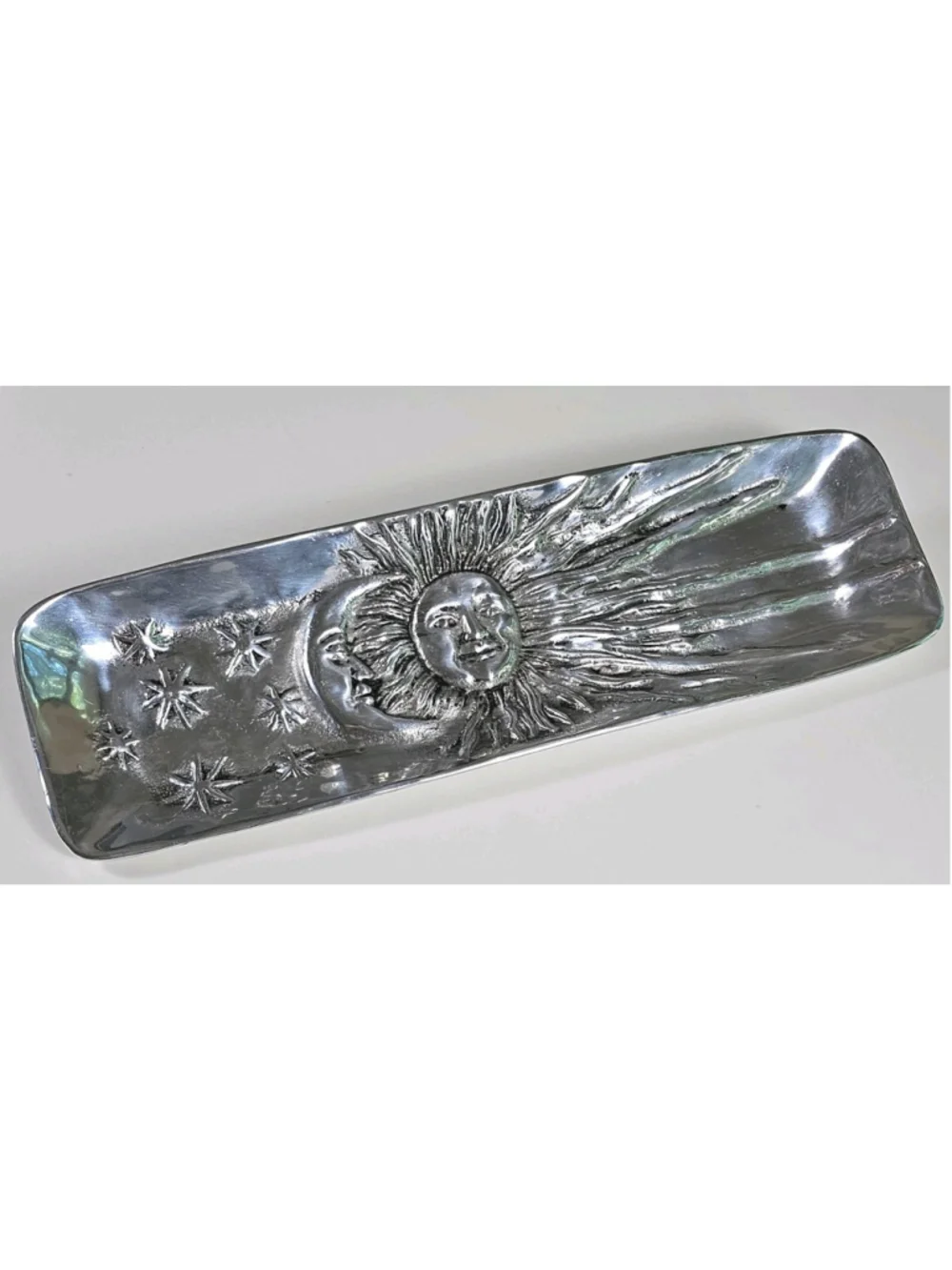 Vintage 90s Silver Metal Celestial Cracker Tray Sun Moon Stars 16.5